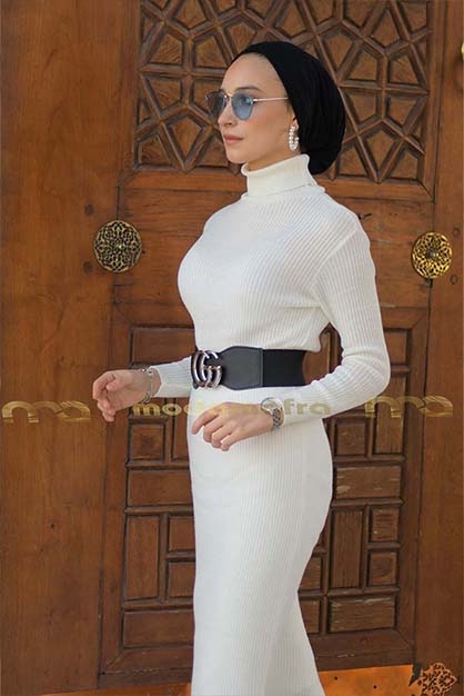 Modam Afra - Boğazlı Triko Elbise - Beyaz