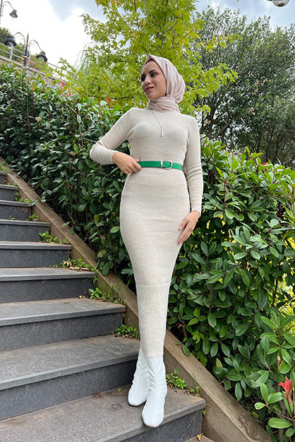 Modam Afra - Boğazlı Triko Elbise - Taş (1)