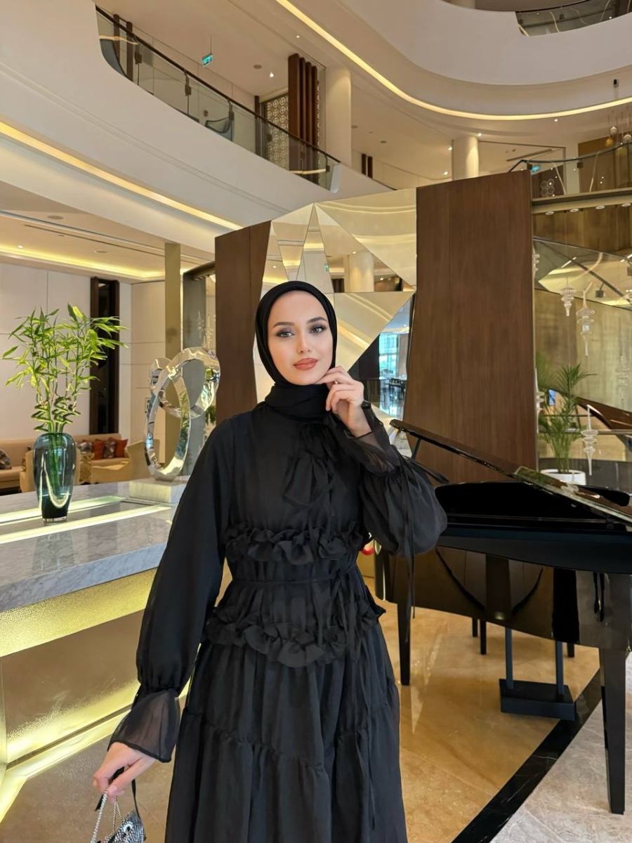 Fırfır Detaylı Şifon Abiye Siyah - 2