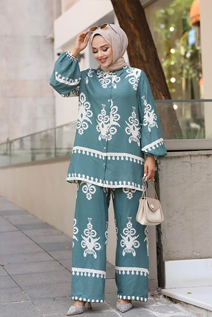 Etnik Desenli Viskon Kumaş Tesettür Takım-Mint Yeşili - 3