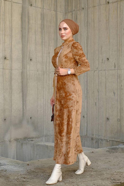 Modam Afra - Önü Düğmeli Kadife Elbise - Taba