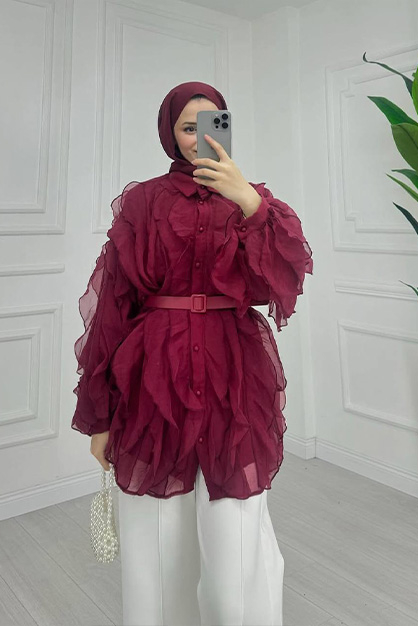Fırfır Detaylı Kemerli Gömlek Bordo - 1