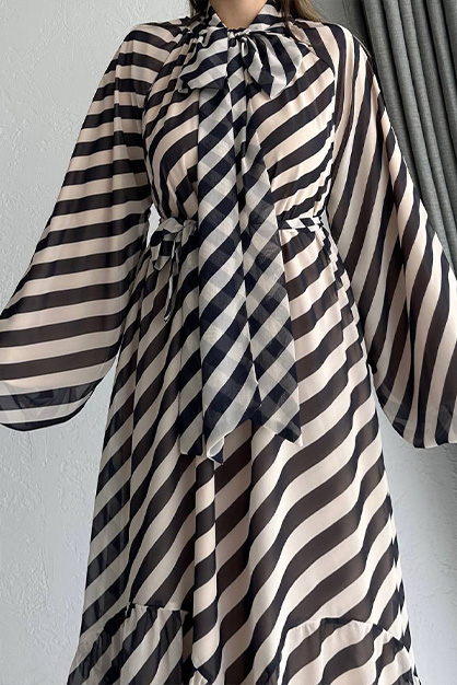 Modam Afra - Fularlı Zebra Desen Şifon Elbise -Siyah (1)