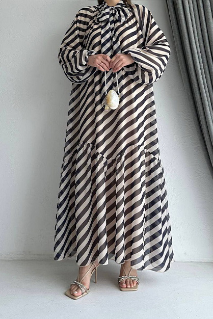 Fularlı Zebra Desen Şifon Elbise -Siyah