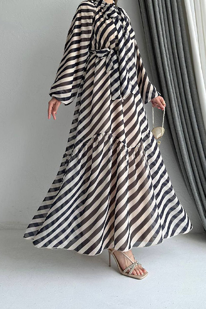 Fularlı Zebra Desen Şifon Elbise -Siyah - Thumbnail