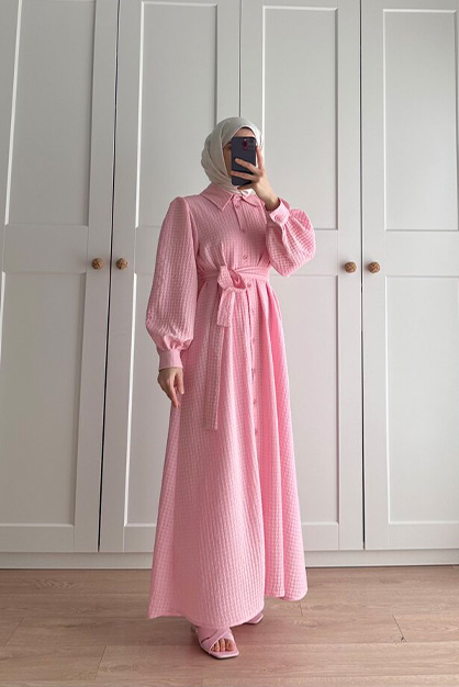 Gofre Elbise Pembe - 1