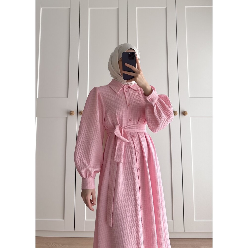 Gofre Elbise Pembe - 2