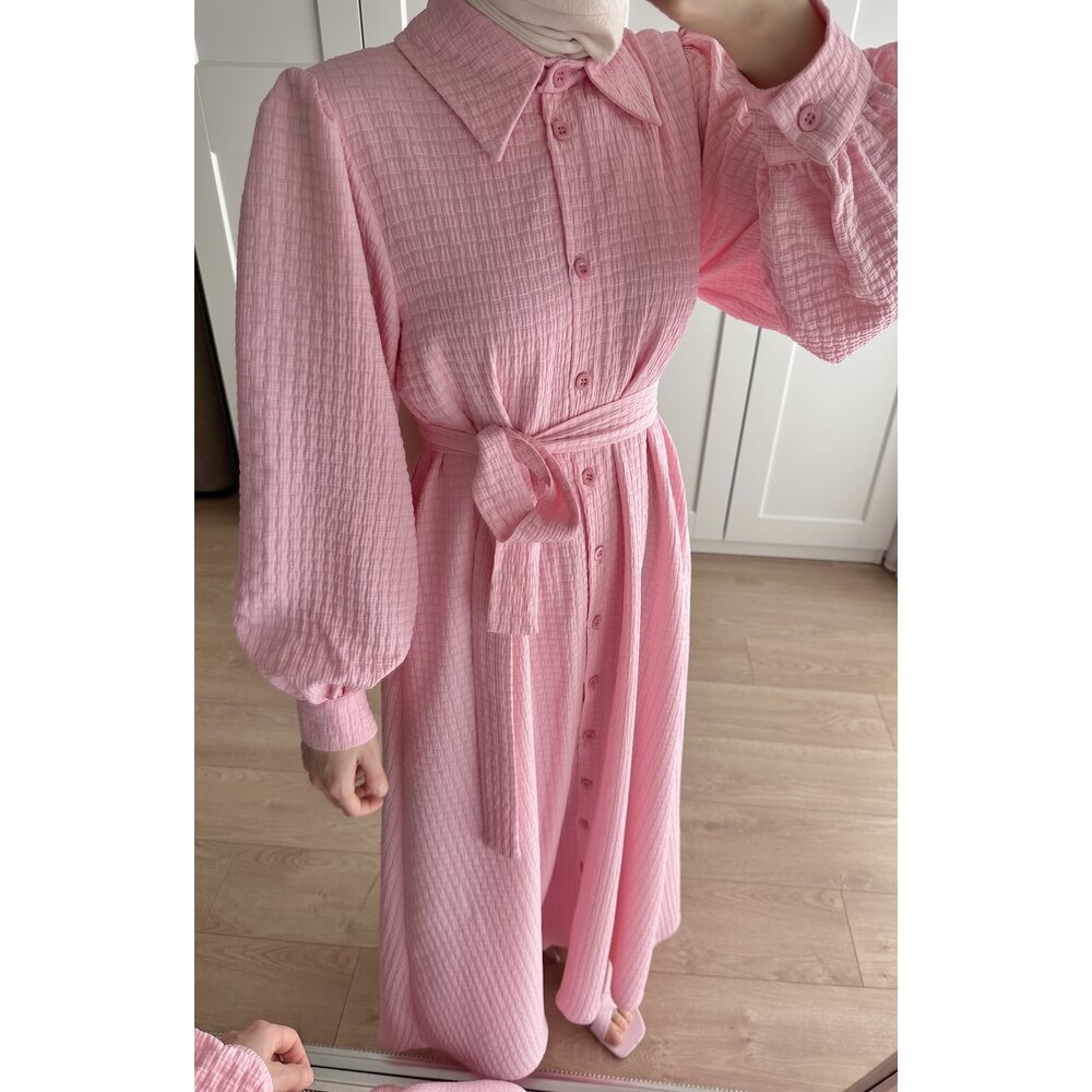 Gofre Elbise Pembe - 3