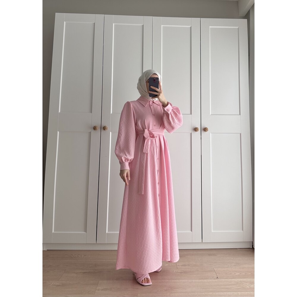 Gofre Elbise Pembe - 4