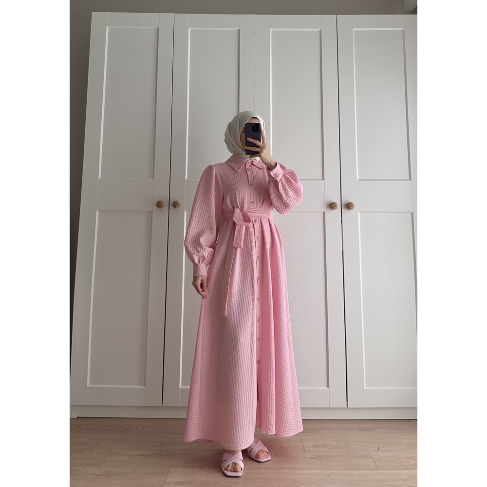 Gofre Elbise Pembe - 5