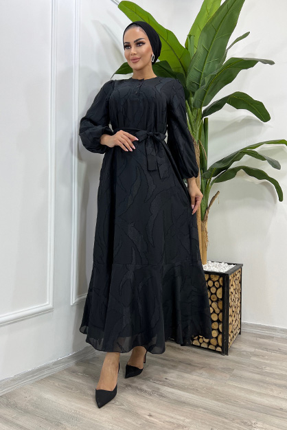 Modam Afra - Hakim Yaka Ön Düğmeli Elbise-Siyah