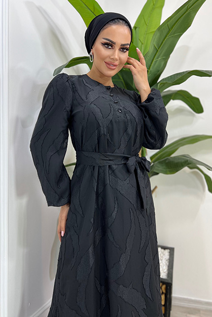 Modam Afra - Hakim Yaka Ön Düğmeli Elbise-Siyah (1)