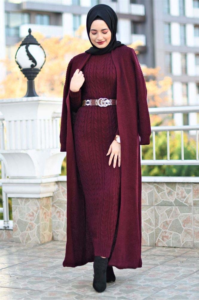 Modam Afra - Hırka Elbise Triko Tesettür Takım - Acı Bordo (1)