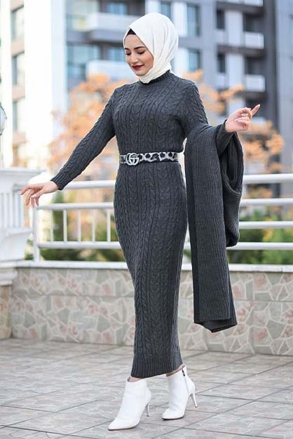 Modam Afra - Hırka Elbise Triko Tesettür Takım - Antrasit