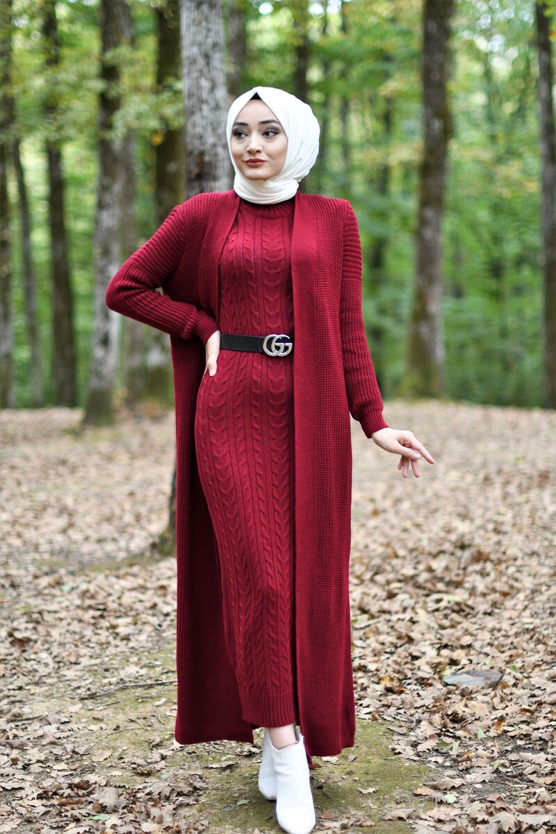 Hırka Elbise Triko Tesettür Takım - Bordo