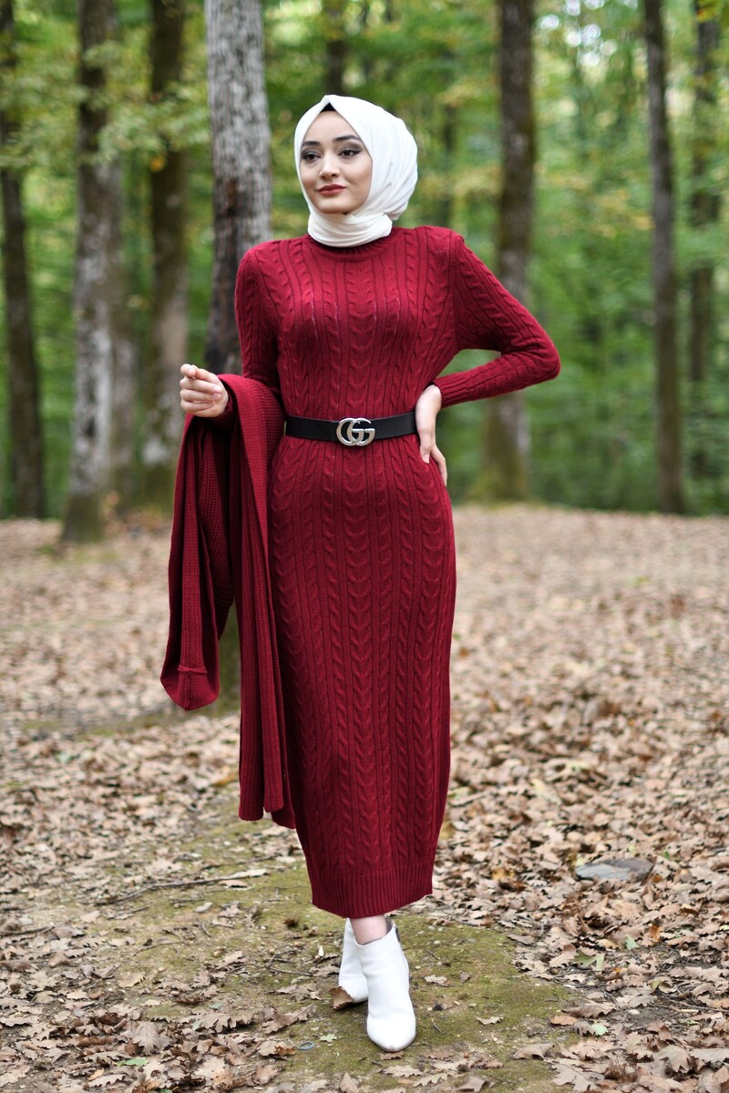 Hırka Elbise Triko Tesettür Takım - Bordo