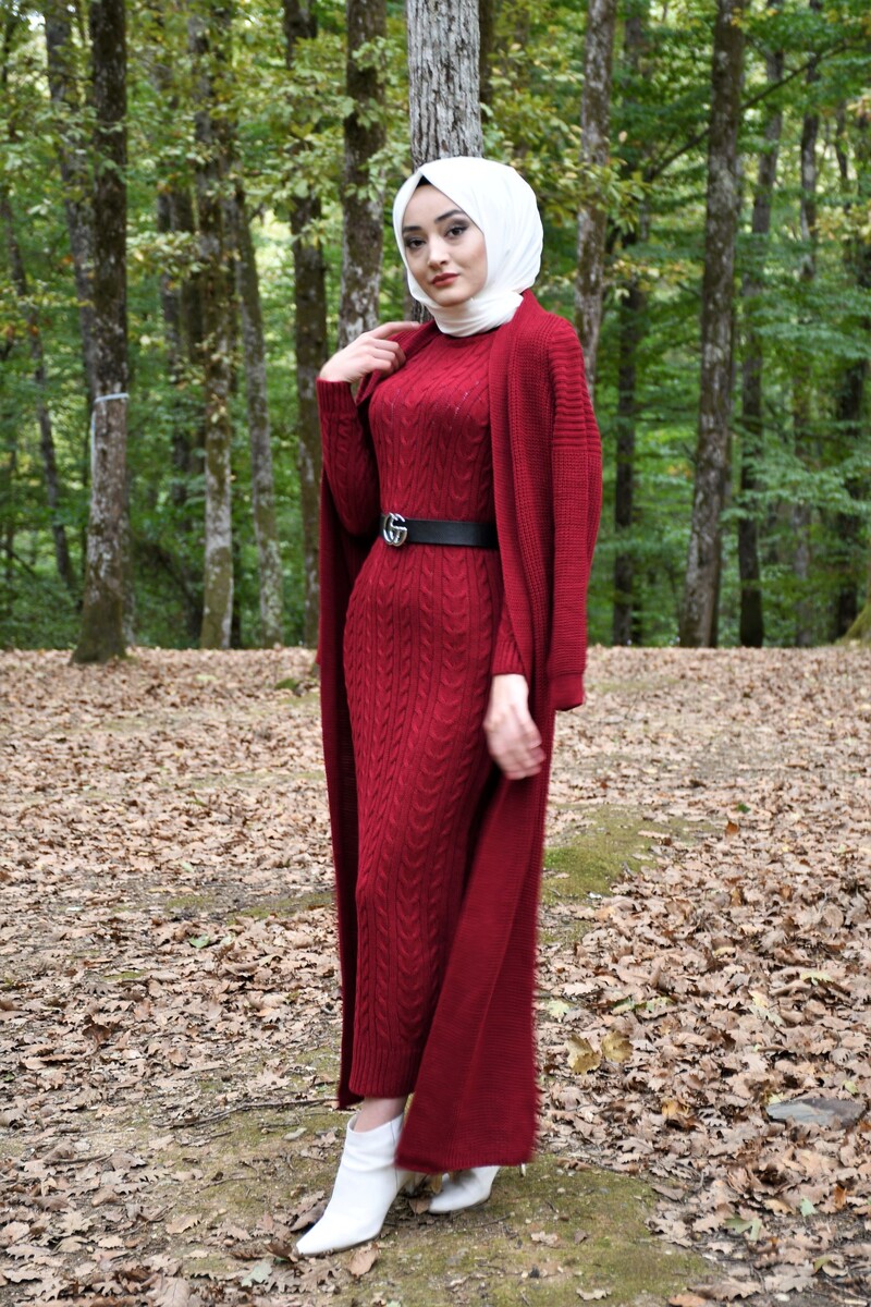 Hırka Elbise Triko Tesettür Takım - Bordo