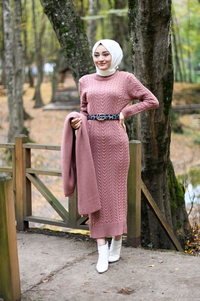 Modam Afra - Hırka Elbise Triko Tesettür Takım - GülKurusu (1)