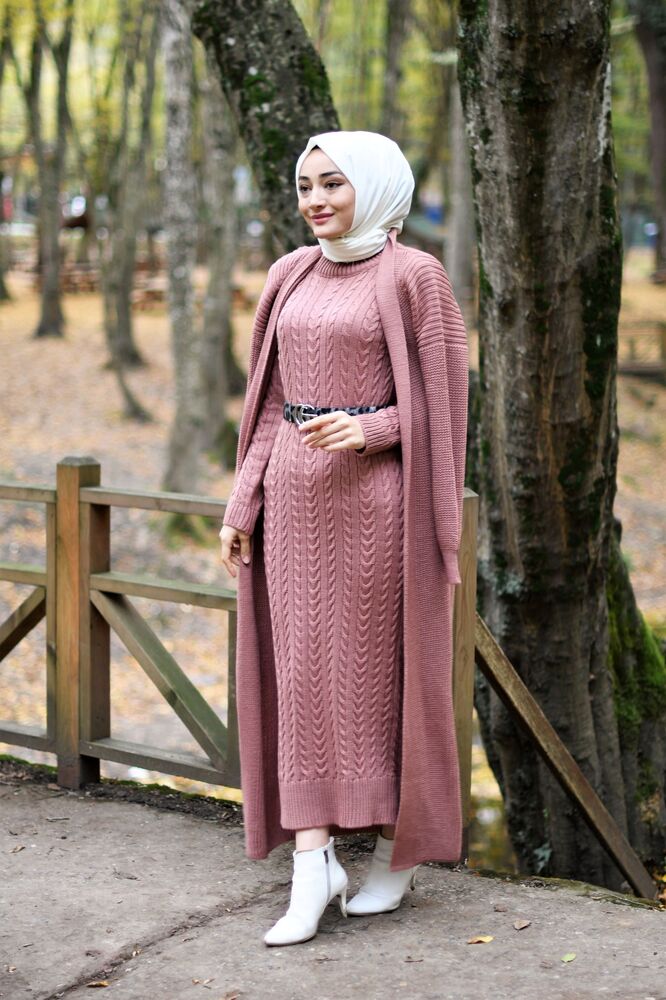 Modam Afra - Hırka Elbise Triko Tesettür Takım - GülKurusu