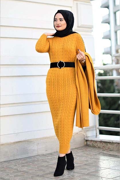Hırka Elbise Triko Tesettür Takım - Hardal