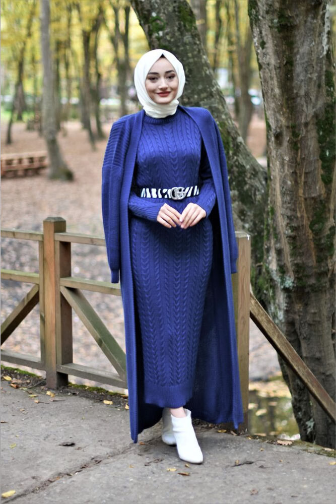 Modam Afra - Hırka Elbise Triko Tesettür Takım - Lacivert (1)
