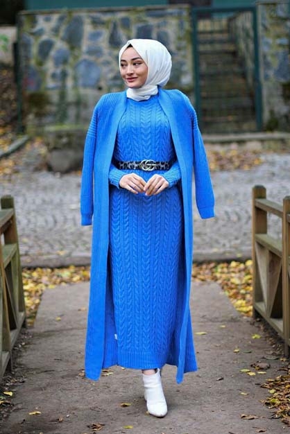 Modam Afra - Hırka Elbise Triko Tesettür Takım - Mavi (1)