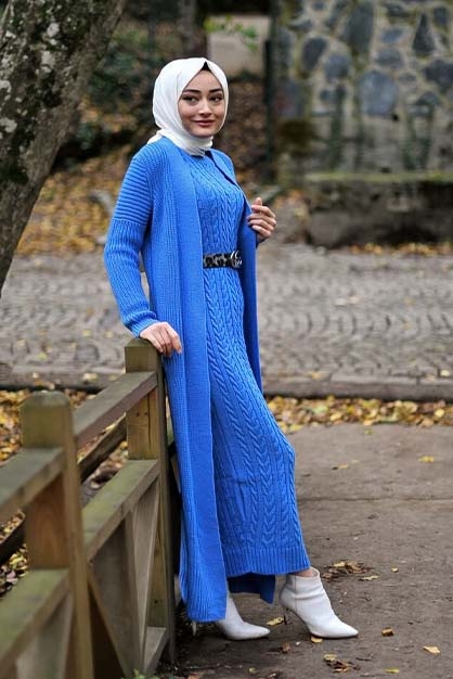 Modam Afra - Hırka Elbise Triko Tesettür Takım - Mavi