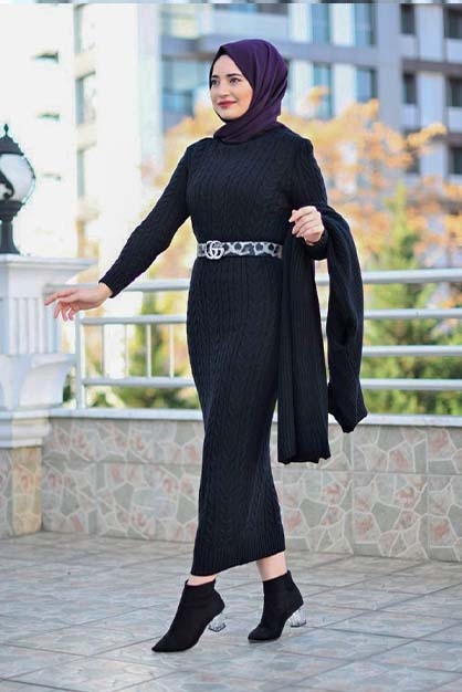 Modam Afra - Hırka Elbise Triko Tesettür Takım - Siyah