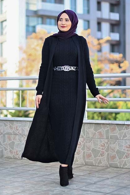 Modam Afra - Hırka Elbise Triko Tesettür Takım - Siyah (1)