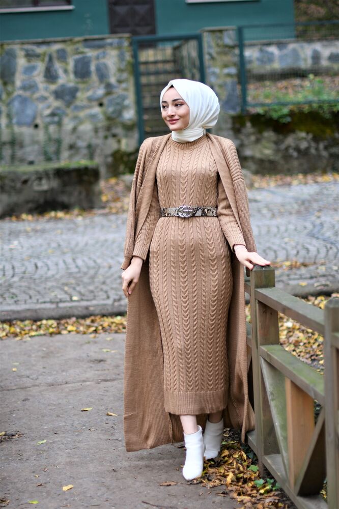 Modam Afra - Hırka Elbise Triko Tesettur Takım - Büskivi (1)