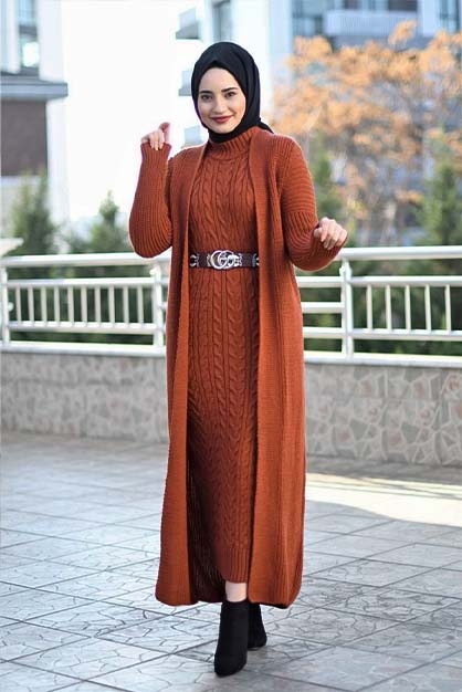 Modam Afra - Hırka Elbise Triko Tesettür Takım - Kiremit