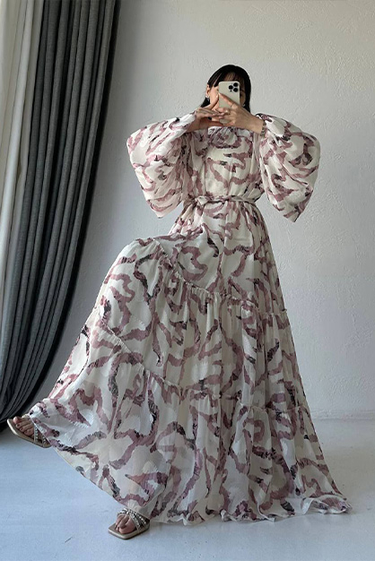 Modam Afra - Karışık Desenli Balon Kol Şifon Elbise - Lila