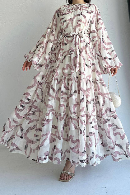 Karışık Desenli Balon Kol Şifon Elbise - Lila