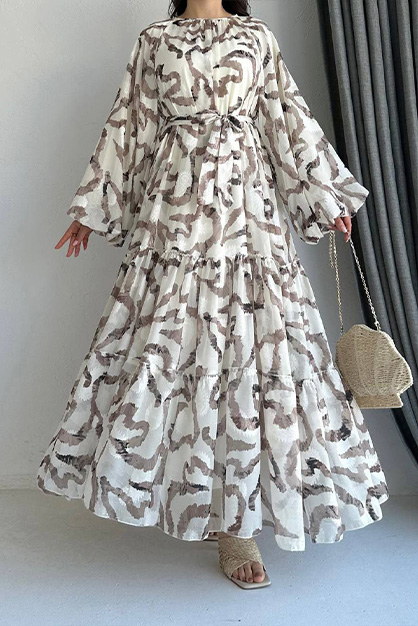 Modam Afra - Karışık Desenli Balon Kol Şifon Elbise - Kahve (1)