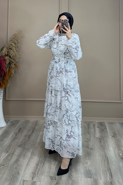 Modam Afra - Kat Kat Şifon Elbise-Beyaz-Lila (1)