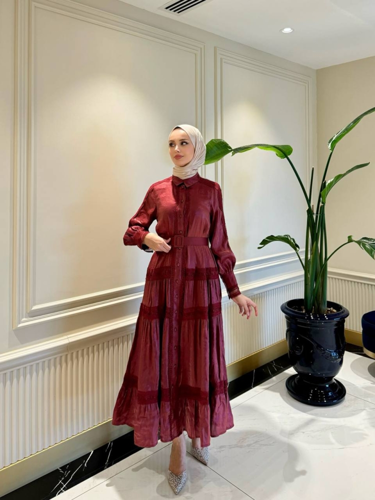 Kermerli Dantel Detaylı Elbise Bordo - 2