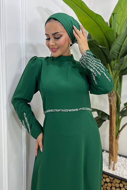 Kol Ve Bel Taşlı Abiye Elbise-Zümrüt - 2