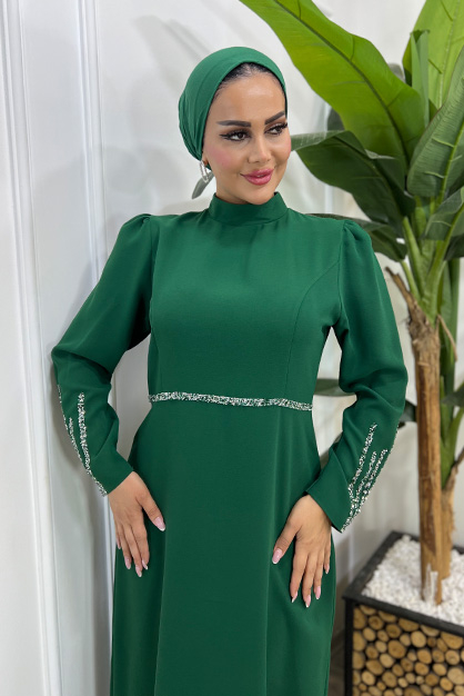 Kol Ve Bel Taşlı Abiye Elbise-Zümrüt - 5