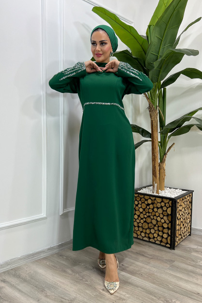 Kol Ve Bel Taşlı Abiye Elbise-Zümrüt - 1