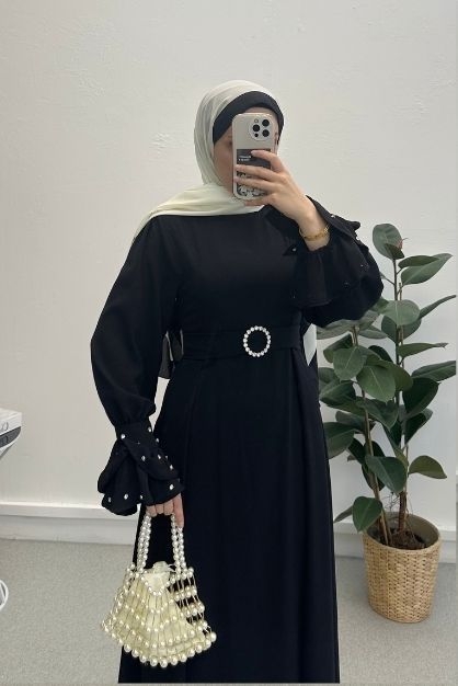 Kolu İncili Elbise Siyah - Modam Afra