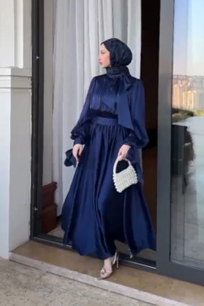 Modam Afra - Kurdale Detaylı Abiye Elbise - Lacivert