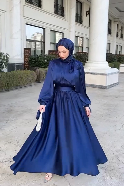 Modam Afra - Kurdale Detaylı Abiye Elbise - Lacivert (1)