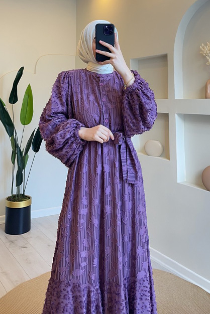 Modam Afra - Kuşaklı Balon Kol Elbise Mor (1)