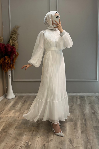  Taşlı Janjan Abiye -Beyaz - 1