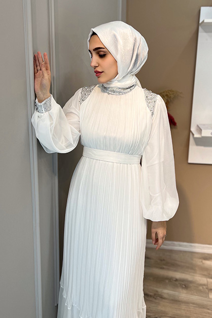  Taşlı Janjan Abiye -Beyaz - 5