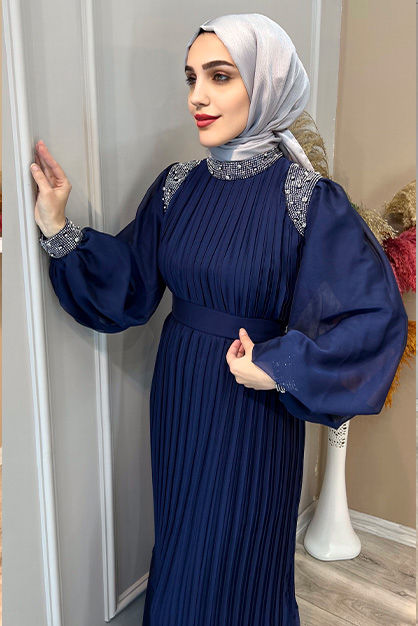 Modam Afra - Taşlı Janjan Abiye - Lacivert (1)