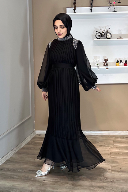 Modam Afra - Taşlı Janjan Abiye-Siyah