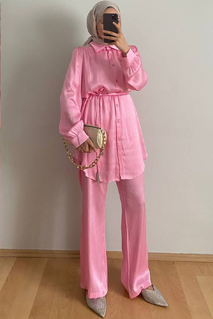 Omuzu Aksesuar Detaylı Takım - Pembe - 1