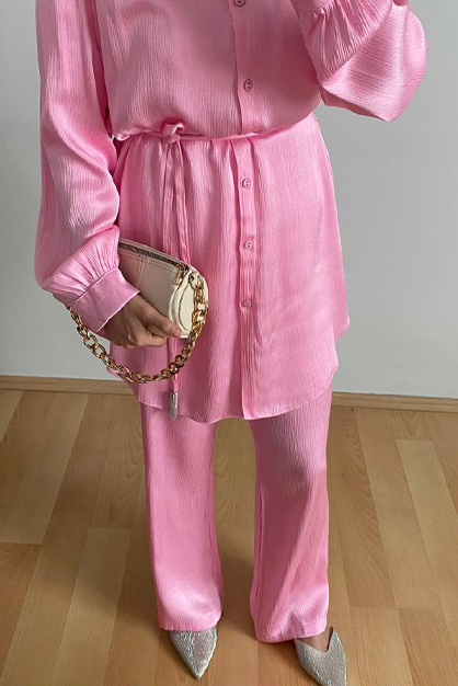 Omuzu Aksesuar Detaylı Takım - Pembe - 3