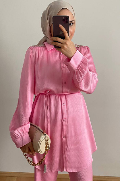 Omuzu Aksesuar Detaylı Takım - Pembe - 2